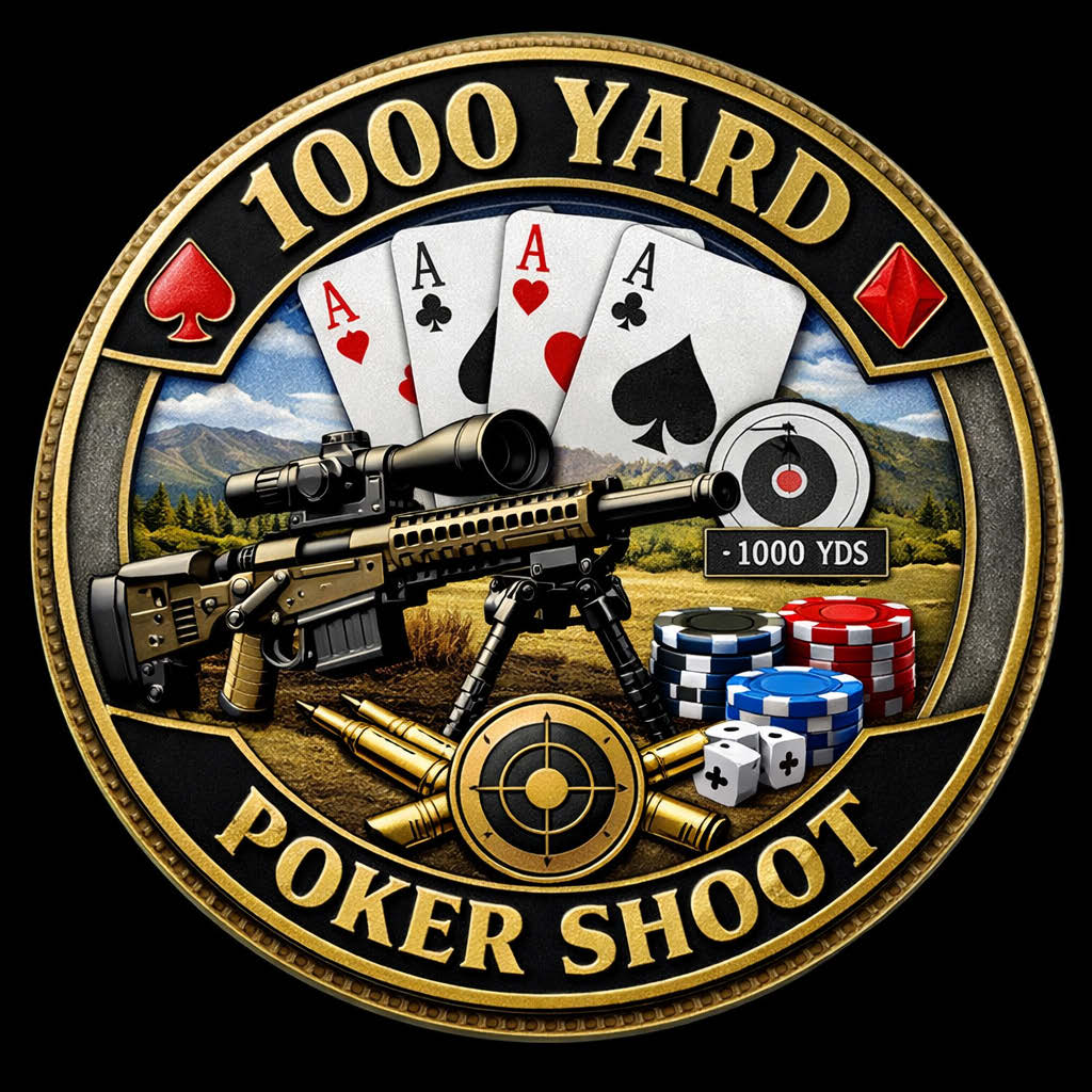 Shoot Lucky 1,000 Yard Poker Shoot emblem with precision rifle, playing cards, poker chips, ammunition, and target